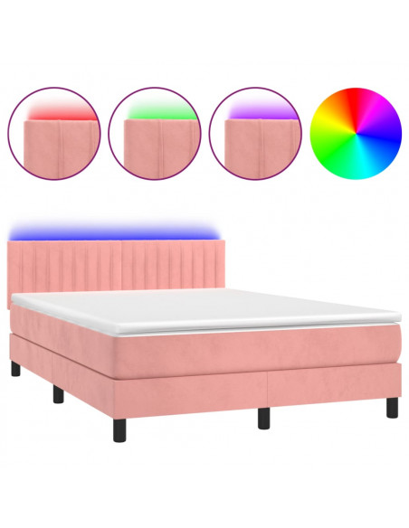 Letto a Molle con Materasso e LED Rosa 140x200 cm in Velluto