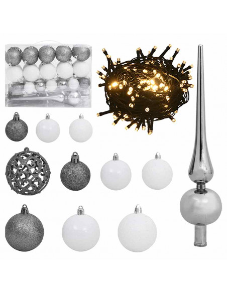 Set Natale con 61 Palline Punta e 150 Luci LED Bianco e Grigio