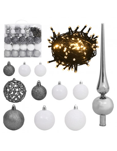 Set Natale con 120 Palline Punta e 300 Luci LED Bianco e Grigio