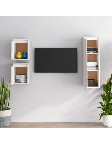 Mobili Porta TV 3 pz Bianchi in Legno Massello di Pino