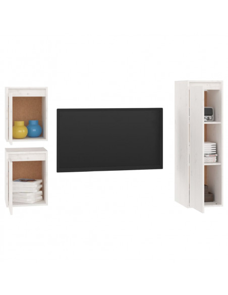 Mobili Porta TV 3 pz Bianchi in Legno Massello di Pino