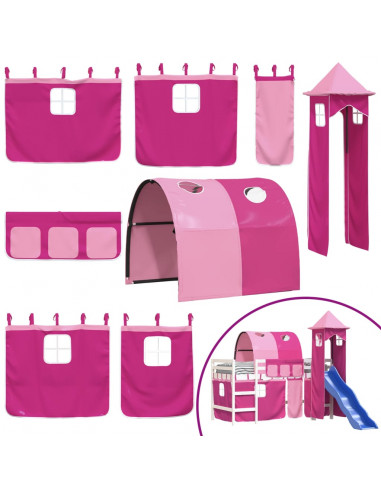 Letto a Soppalco con Torre Bambini Rosa 80x200cm Massello Pino