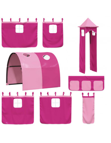 Letto a Soppalco con Torre Bambini Rosa 80x200cm Massello Pino