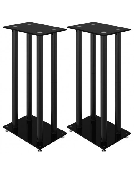 Pedane per Casse 2pz Nero Vetro Temperato Design a 4 Pilastri