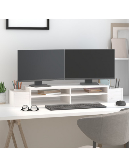 Supporto per Monitor Bianco100x27,5x15cm Legno Massello di Pino