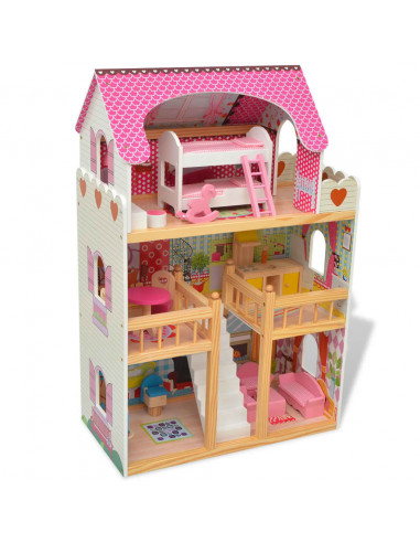 Casa delle Bambole a 3 Piani in Legno 60x30x90 cm