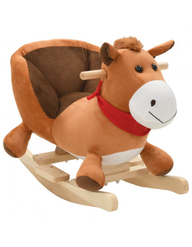 Cavallo a Dondolo con Schienale in Peluche 60x32x50 cm Marrone