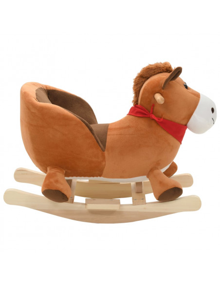 Cavallo a Dondolo con Schienale in Peluche 60x32x50 cm Marrone