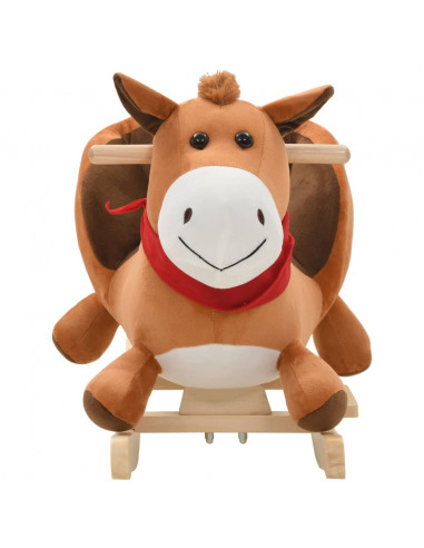 Cavallo a Dondolo con Schienale in Peluche 60x32x50 cm Marrone
