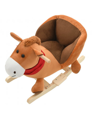 Cavallo a Dondolo con Schienale in Peluche 60x32x50 cm Marrone