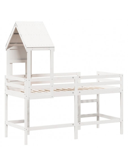 Letto Soppalco con Scala e Tetto Bianco 90x190 cm Massello Pino