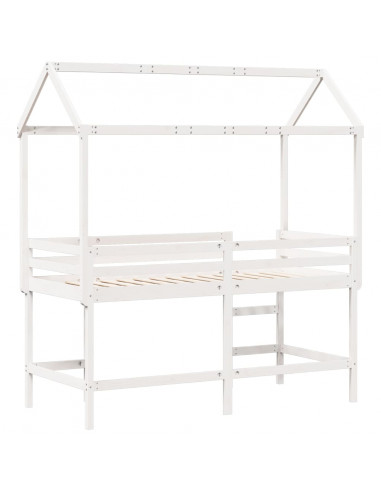 Letto Soppalco con Scala e Tetto Bianco 90x200 cm Massello Pino