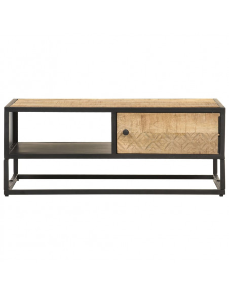 Tavolino con Anta Intagliata 90x55x36 cm Legno di Mango Grezzo