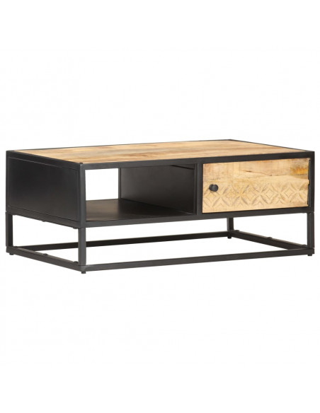 Tavolino con Anta Intagliata 90x55x36 cm Legno di Mango Grezzo