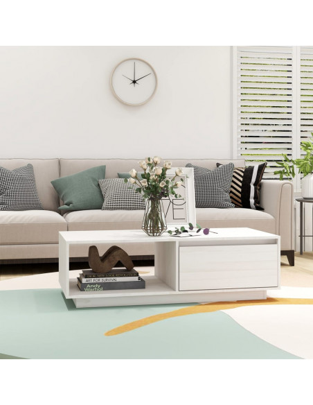 Tavolino da Salotto Bianco 110x50x33,5cm Legno Massello di Pino