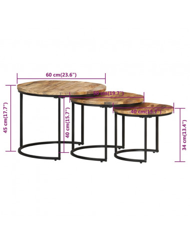 Tavolini Impilabili 3 pz in Legno di Mango Grezzo