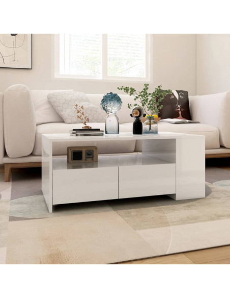 Tavolino da Salotto Bianco Lucido 102x55x42 cm Legno Compensato