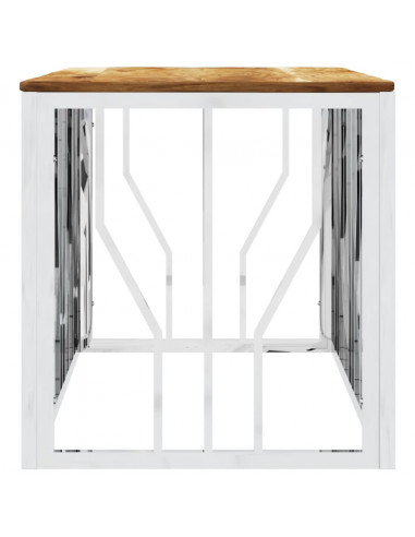 Tavolino da Salotto Argento in Acciaio Inox e Massello d'Acacia