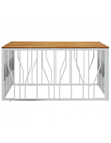 Tavolino da Salotto Argento in Acciaio Inox e Massello d'Acacia