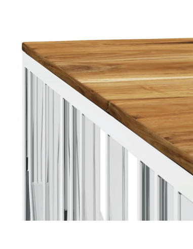 Tavolino da Salotto Argento in Acciaio Inox e Massello d'Acacia