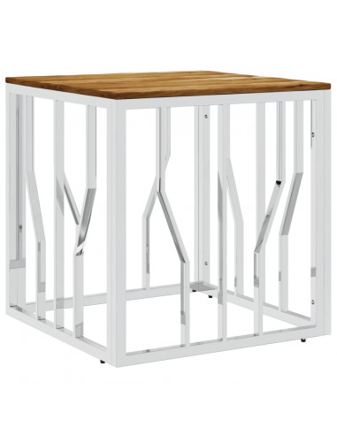 Tavolino da Salotto Argento in Acciaio Inox e Massello d'Acacia