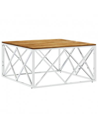 Tavolino da Salotto Argento in Acciaio Inox e Massello d'Acacia