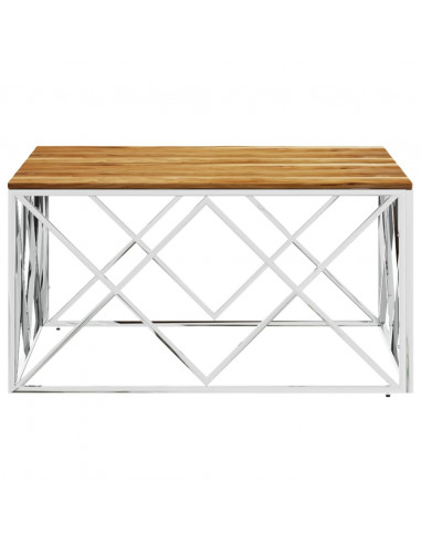 Tavolino da Salotto Argento in Acciaio Inox e Massello d'Acacia