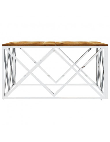 Tavolino da Salotto Argento in Acciaio Inox e Massello d'Acacia