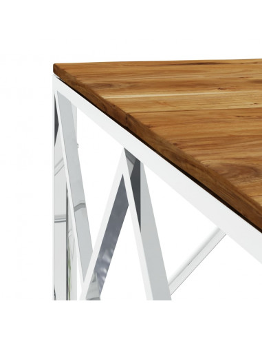 Tavolino da Salotto Argento in Acciaio Inox e Massello d'Acacia