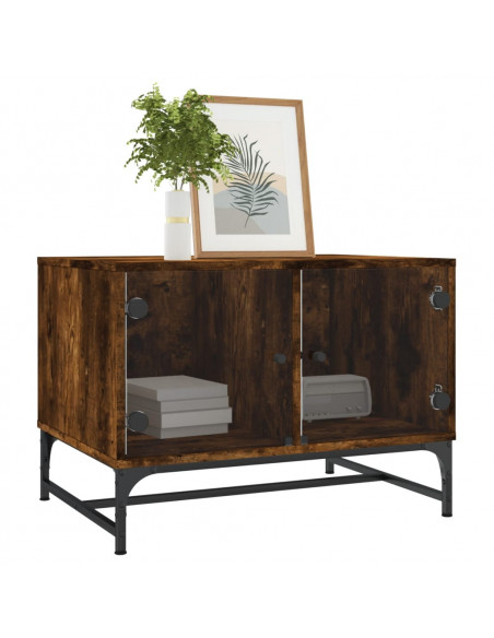 Tavolino da Salotto con Ante in Vetro Rovere Fumo 68,5x50x50 cm
