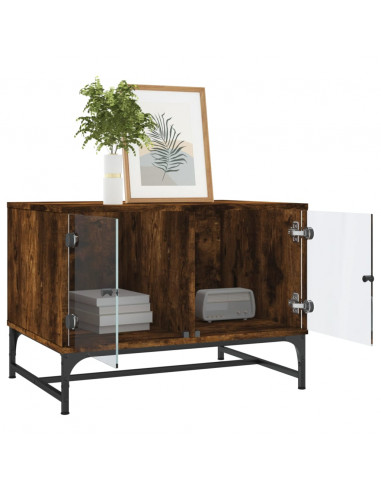 Tavolino da Salotto con Ante in Vetro Rovere Fumo 68,5x50x50 cm