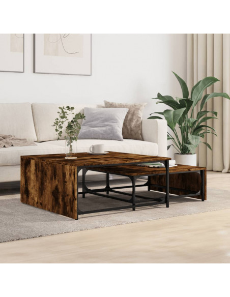 Tavolini Impilabili 2pz Rovere Fumo Legno Multistrato e Metallo
