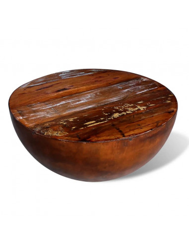 Tavolino a Ciotola in Massello di Recupero con Base in Acciaio