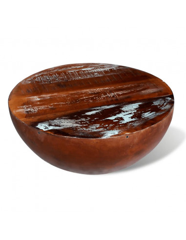 Tavolino a Ciotola in Massello di Recupero con Base in Acciaio