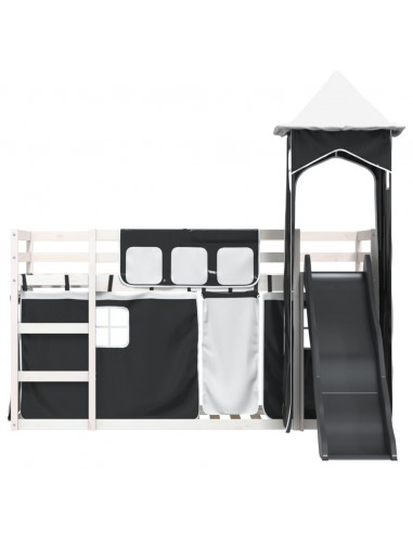 Letto a Castello con Scivolo e Tende Bianco e Nero 80x200 cm