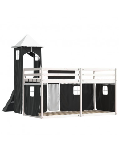 Letto a Castello con Scivolo e Tende Bianco e Nero 80x200 cm