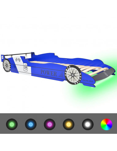 Letto con Luci LED per Bambino Auto da Corsa 90x200 cm Blu