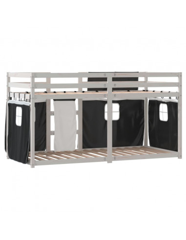 Letto a Castello con Tende Bianco e Nero 90x190cm Massello Pino