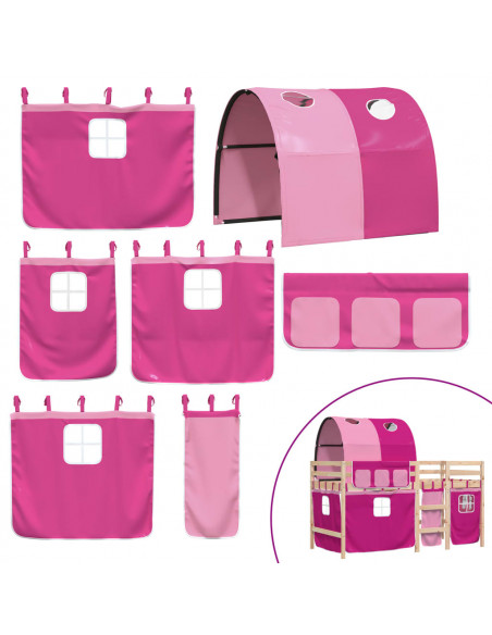 Letto a Soppalco con Tunnel Bambini Rosa 90x200cm Massello Pino