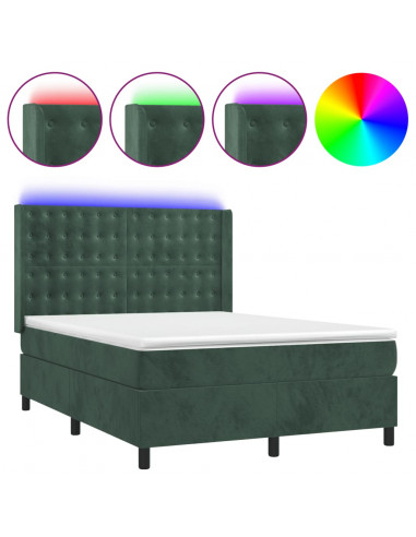 Letto a Molle con Materasso e LED Verde Scuro 140x200cm Velluto