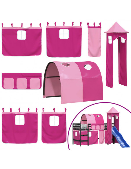 Letto a Soppalco con Torre Bambini Rosa 90x200cm Massello Pino
