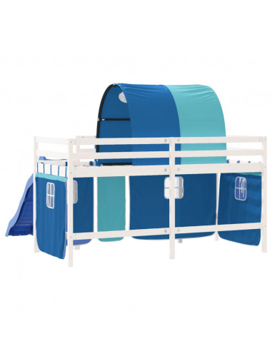Letto a Soppalco con Tunnel Bambini Blu 90x190cm Massello Pino