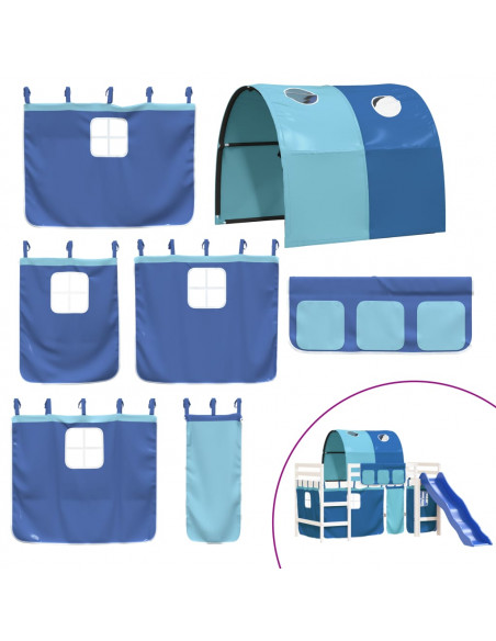 Letto a Soppalco con Tunnel Bambini Blu 90x190cm Massello Pino