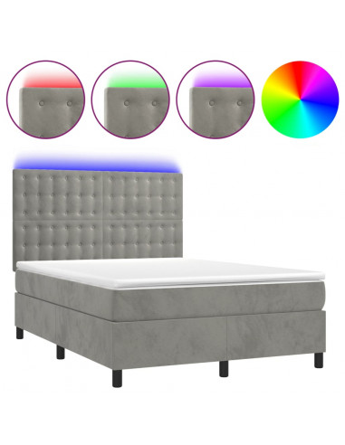 Letto a Molle Materasso e LED Grigio Chiaro 140x190 cm Velluto