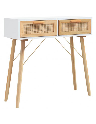 Tavolo Consolle Bianco 80x30x75cm Massello Pino Rattan Naturale