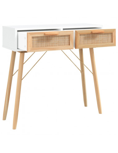 Tavolo Consolle Bianco 80x30x75cm Massello Pino Rattan Naturale