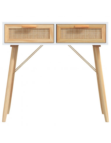 Tavolo Consolle Bianco 80x30x75cm Massello Pino Rattan Naturale