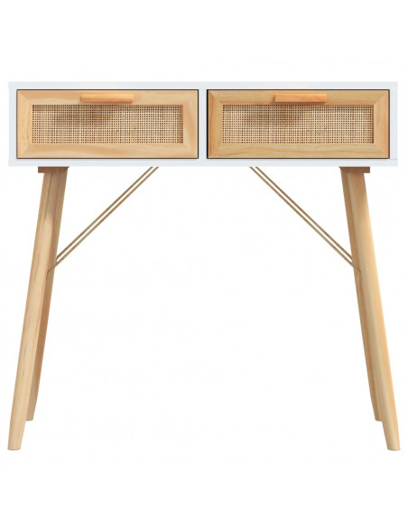 Tavolo Consolle Bianco 80x30x75cm Massello Pino Rattan Naturale