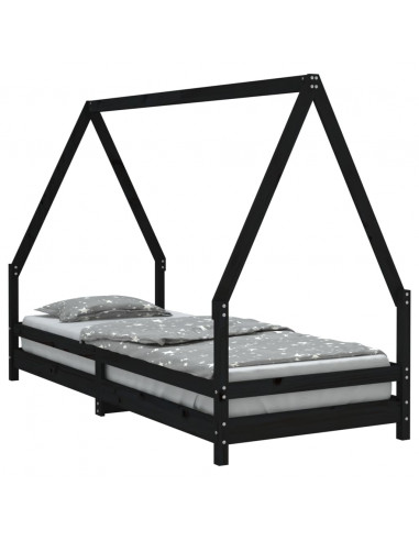 Giroletto per Bambini Nero 90x200 cm in Legno Massello di Pino