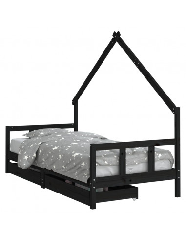 Giroletto Bambini con Cassetti Nero 90x200cm Massello di Pino